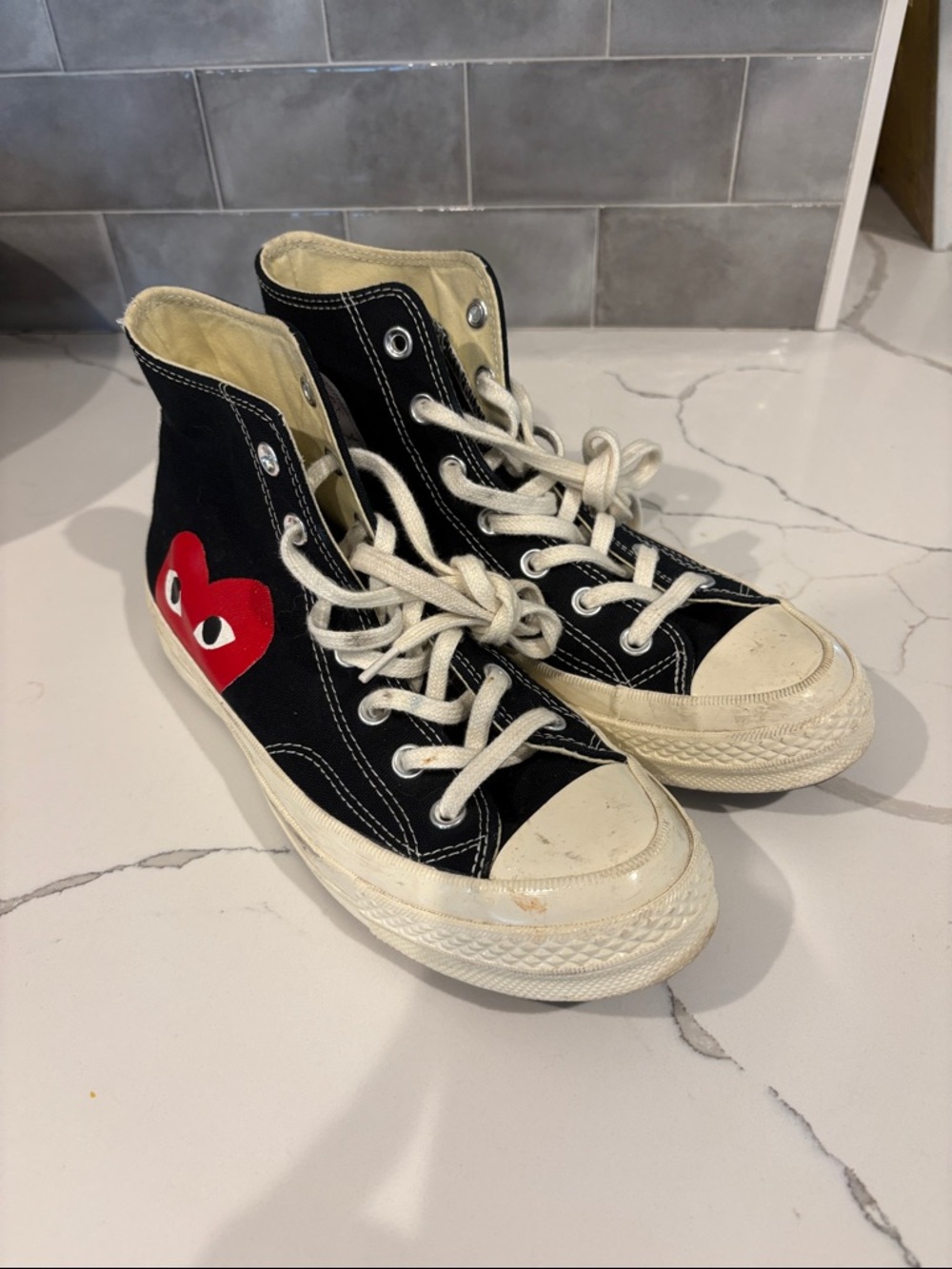 Comme des Garcons Black High-Top Sneakers with Red Heart